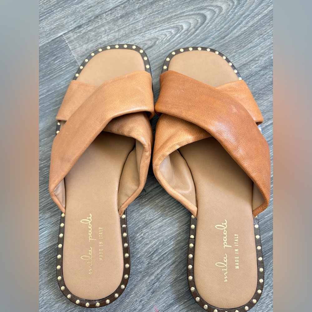 Mila Paoli Italian leather cross sandals with studded detail